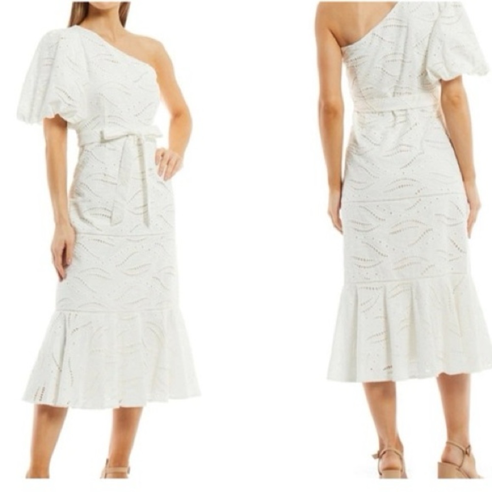 one shoulder tan eyelet detail midi dress